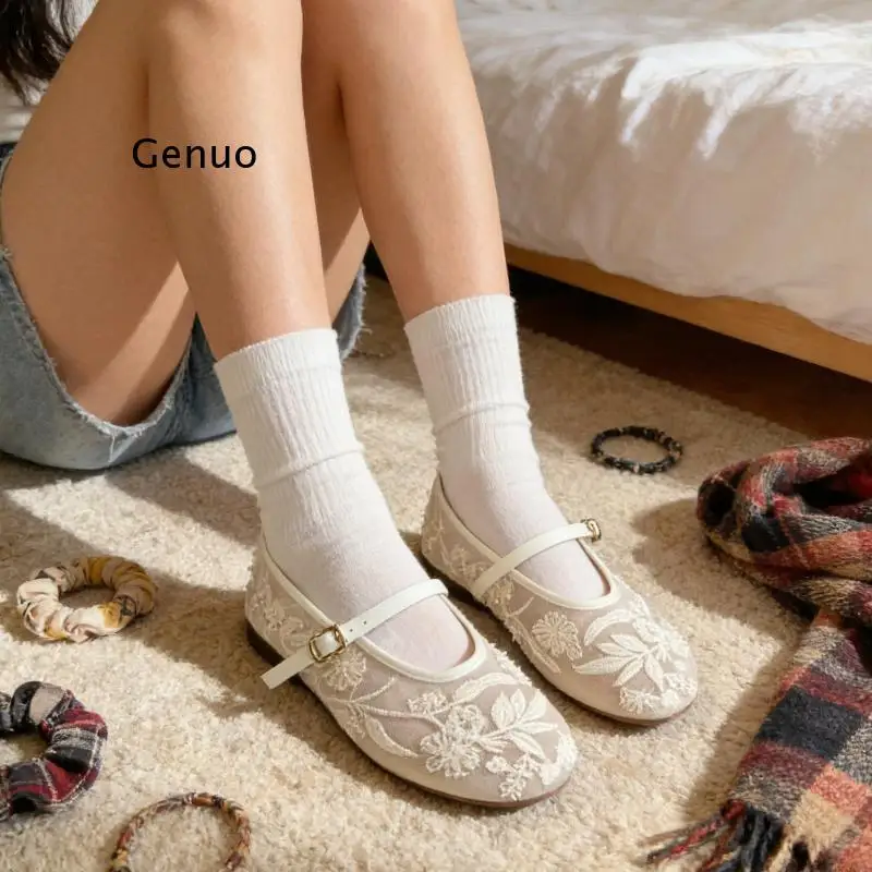 

2026 New Women's Ballet Flats Ballerina Shoes Comfortable Buckle Strap Elegant Y2K White Embroidered Pearl Mesh Round Toe Shoes