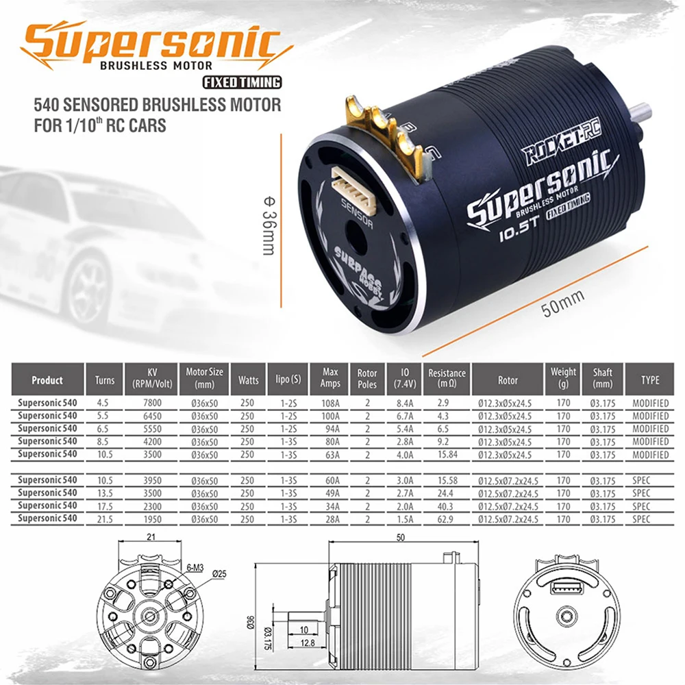 Rocket-RC Motor Supersonic Sensored Brushless 540 Motor 120A brushless Esc and 120A ESC Combo for 1/10 RC Car RC Motor RC Esc