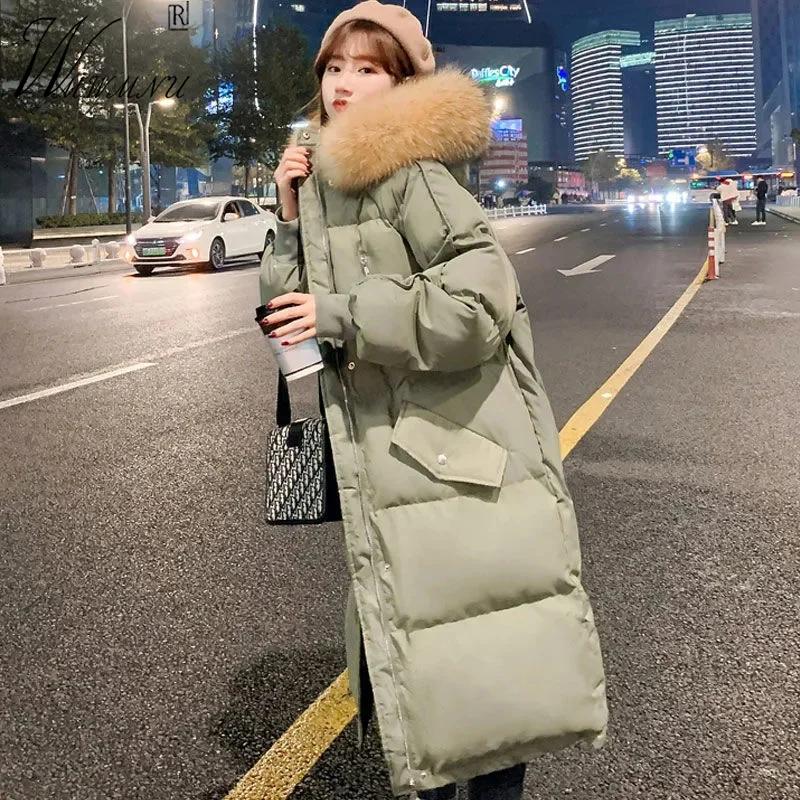 

Faux Fur Collar Long Hooded Parka Women 95kg Loose Warm Winter Cotton Jackets Korean Fashion Snow Wear Padded Quilted Overcoat