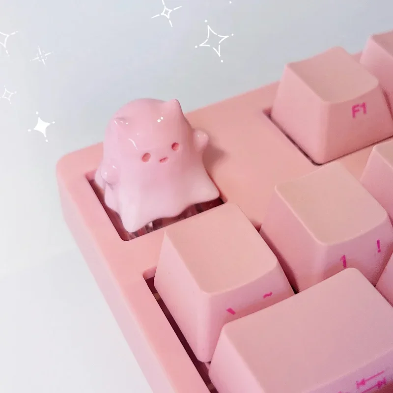 Ghost Cat Keycaps Custom Original Artisan Resin Keycap Cute Pink Purple Point Key Cap for wooting crush80 Rainy75 Accessories