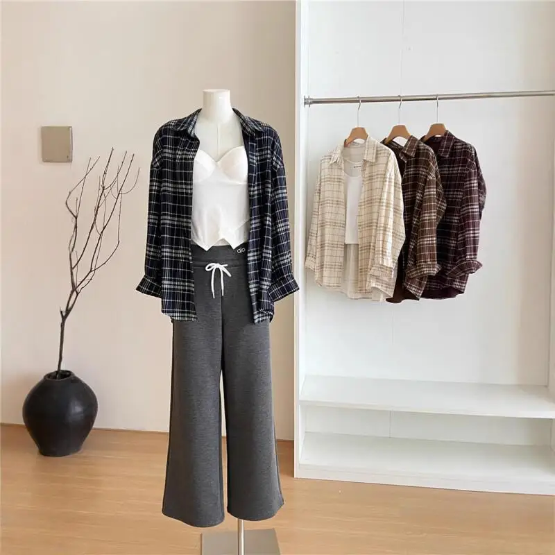 Camisa de rejilla retro azul para primavera y otoño para mujer, nuevo modelo de otoño, abrigo de manga larga de estilo francés, básico etéreo sofisticado informal