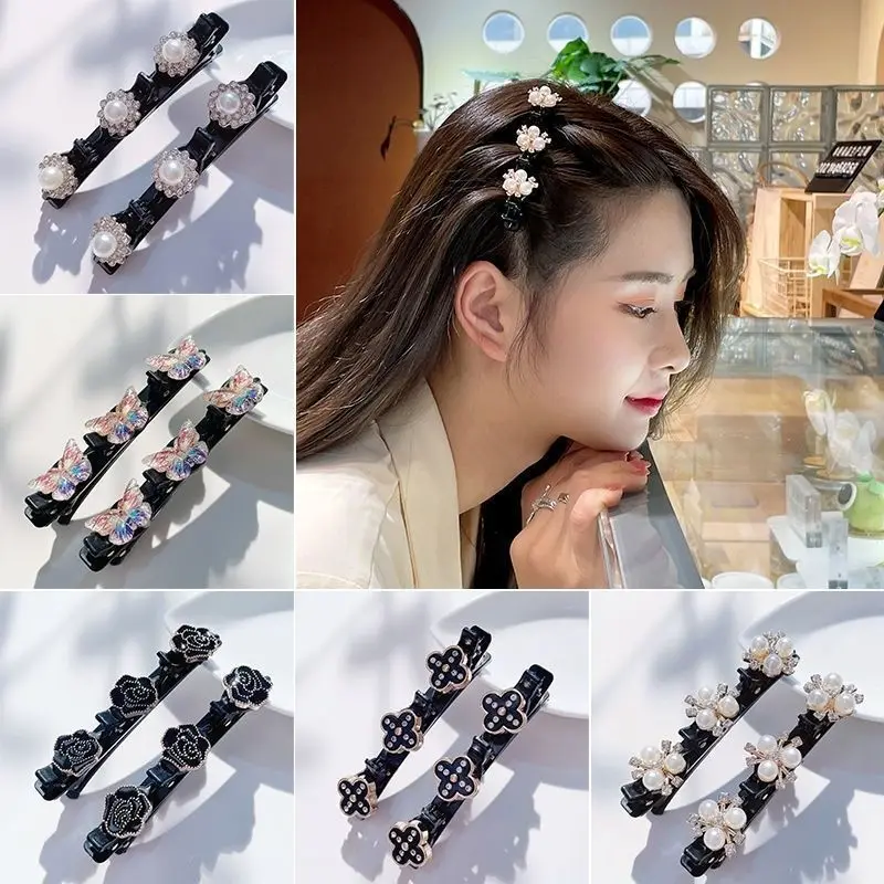 Double Layer Braided Hairclip Vintage Rhinestone Faux Pearl BlackHairpin Barrette Elegant Hair Accessories