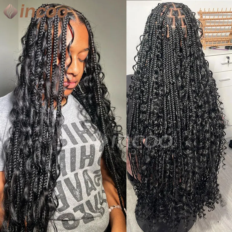 Bohemia Box Braided Wigs Synthetic Boho Curls Knotless Square Cornrow Braid Wig 32 Full Lace Front Wig Baby Hair For Black Women