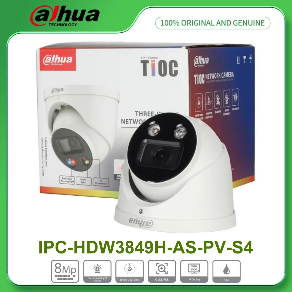 

Dahua IPC-HDW3849H-AS-PV S5 8MP Smart Dual Illumination Active Deterrence Fixed-focal Eyeball WizSense Network PoE Camera SMD