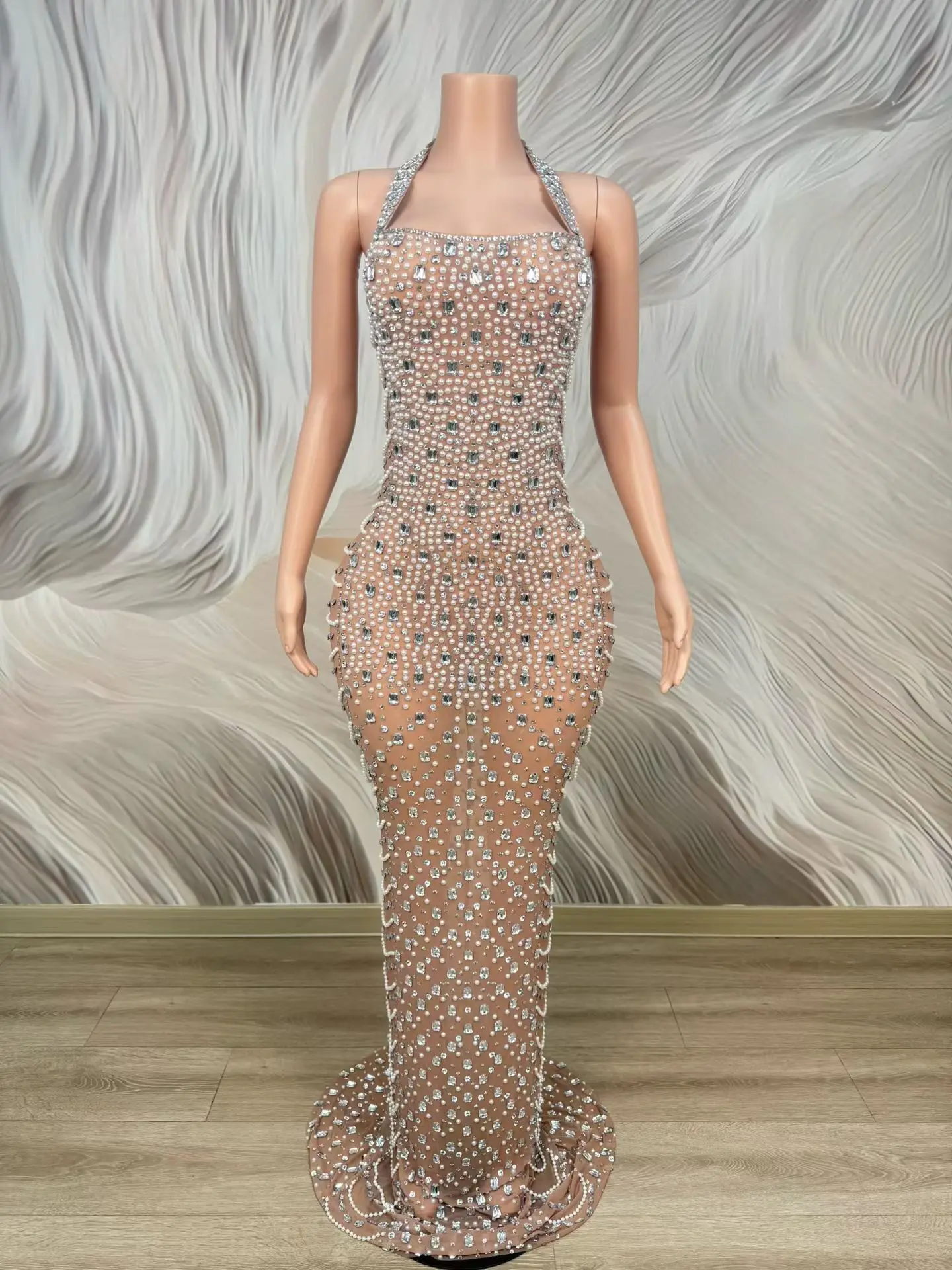 

Haidao Luxury Women Party Evening Gown Sparkling Pearls Diamonds Neck Hanging Dress Graduation Homecoming Birthday Prom Gowns