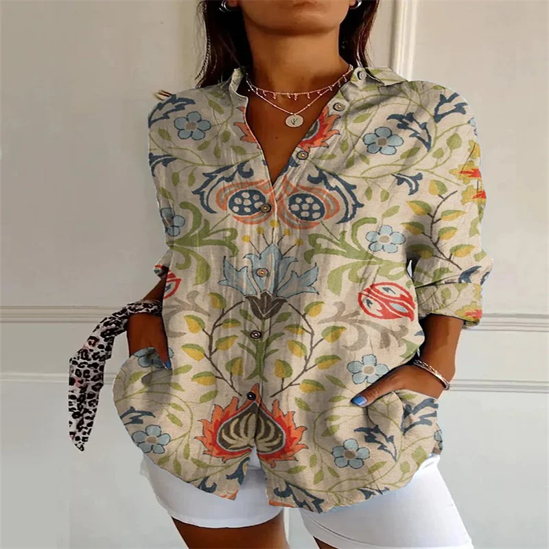 2024 New Women\'s Long Shirt 3D Digital Printing Women\'s Casual Drop Shoulder Sleeve Shirt Retro Floral Shirt Top