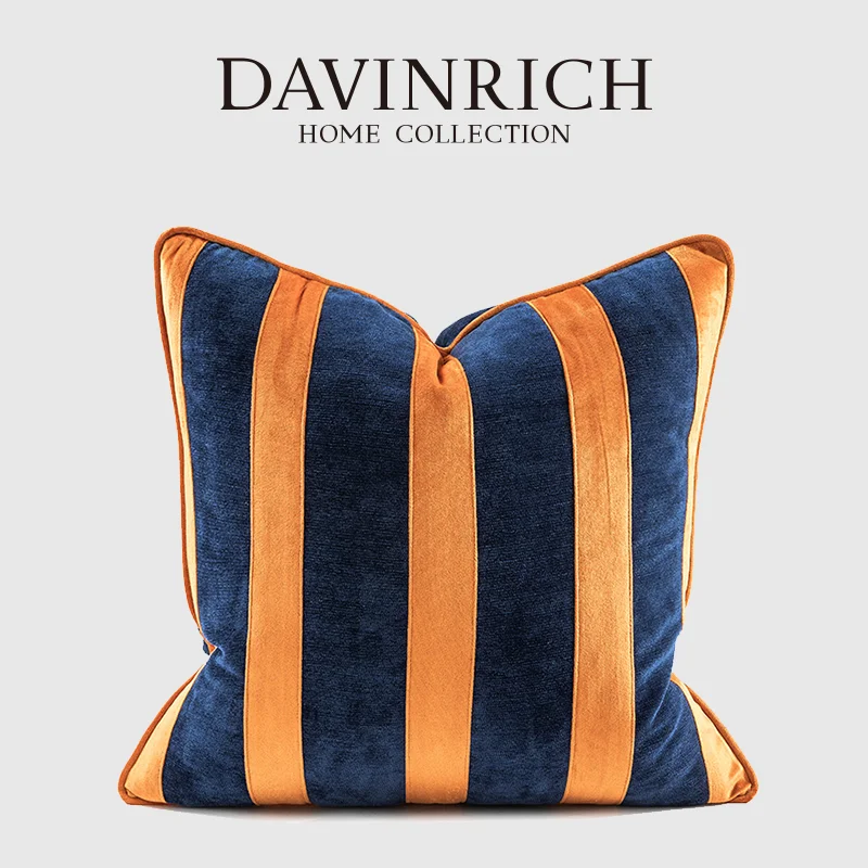 DAVINRICH FF Casa Orange Navy Blue Striped Throw Pillow Cover European Luxury Chenille Texture Cushion Case For Sofa Couch Bed