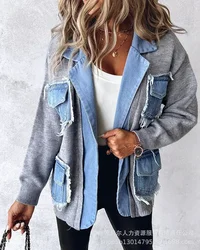 Rohe Saum Strickjacke Frauen Pullover Patchwork gekerbten Kragen gestrickte Jeans jacken Pullover Taschen dicke Mäntel Herbst Winter Outwear