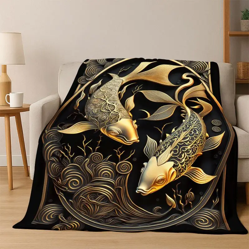 GOOD LUCK Koi Fish Yin Yang Carp Cartoon Flannel Blanket Soft Warm Throw Blanket for Bedroom Living Room Bed Travel Picnic Gift
