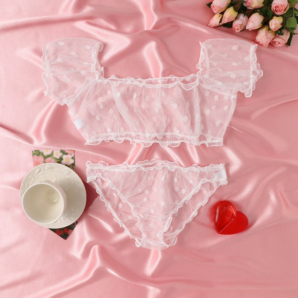

2Pc Lady'S See-Through Sexy Lingerie Set White Polka Dot Mesh Strapless Top Perspective Fancy Underpant Women Underwear Bra Set