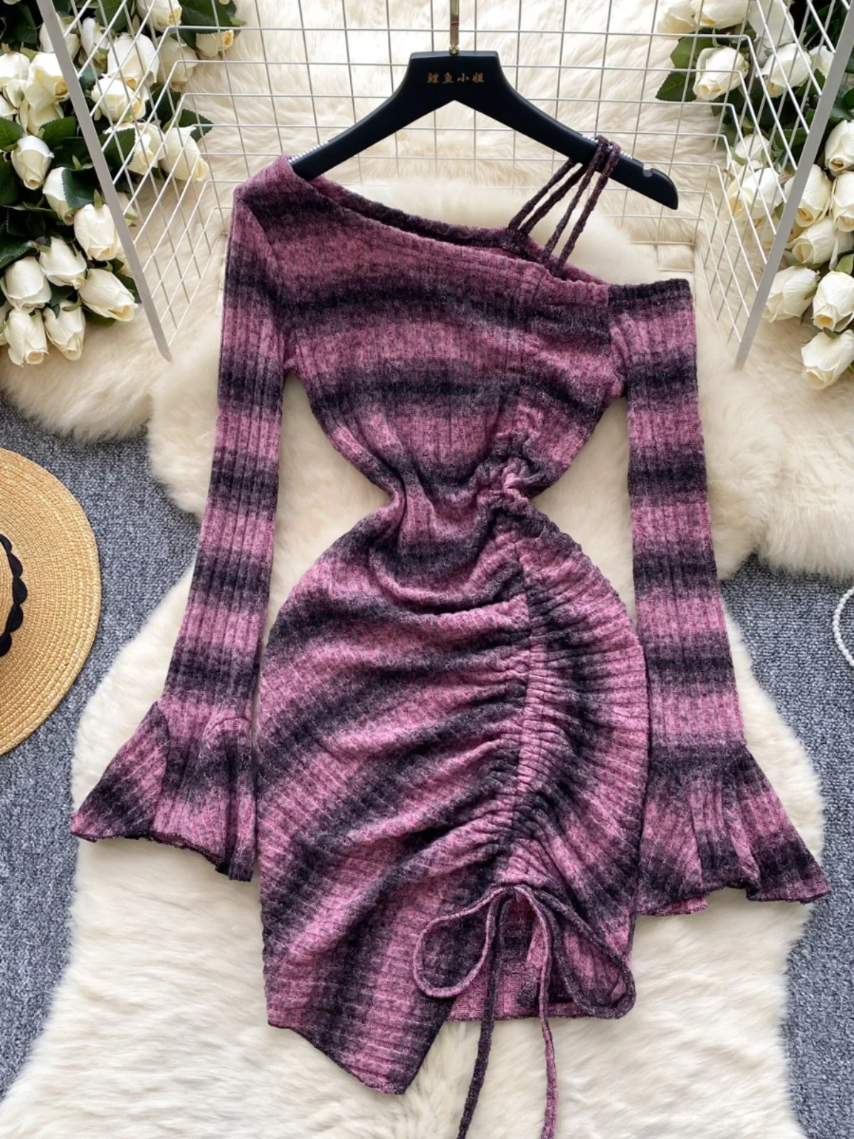 Foamlina American Sexy Cold Shoulder Suspenders Horn Sleeves Dress Women Fashion Drawstrings Waist Slim Fit Wrap Knitted Dress