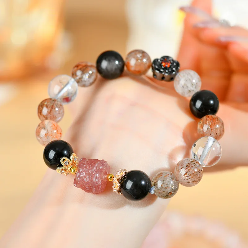 

Natural Black Gold Silver Obsidian Strawberry Lion Awakening Fashion Women'S Bracelet