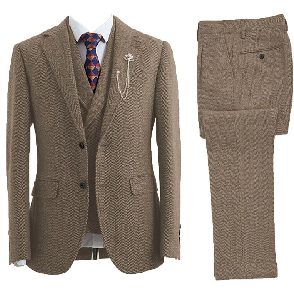 

Men's Vintage Tweed Suits Herringbone Notched Lapel Tuxedo for Wedding Business Ceremony Groomsmen