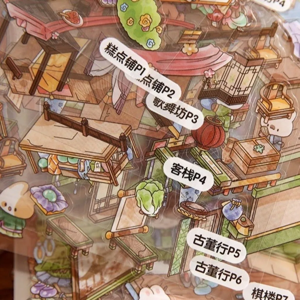 cartoon-design-ancient-style-stickers-cabin-scene-miniature-house-diy-decoration-stickers-pet-material-ancient-figures