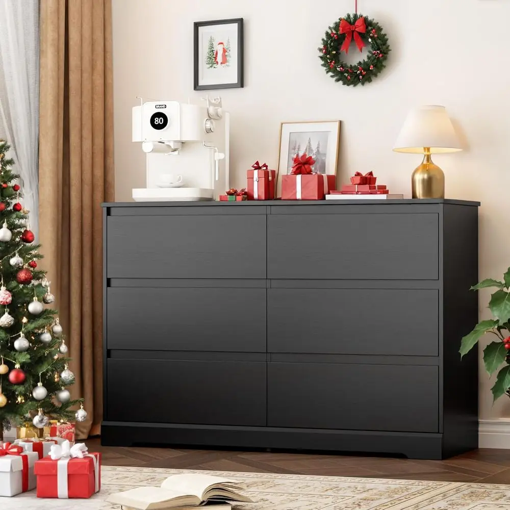 

Modern 6-Drawer Black Dresser: Deep Storage Chest for Living Room/Home Organization