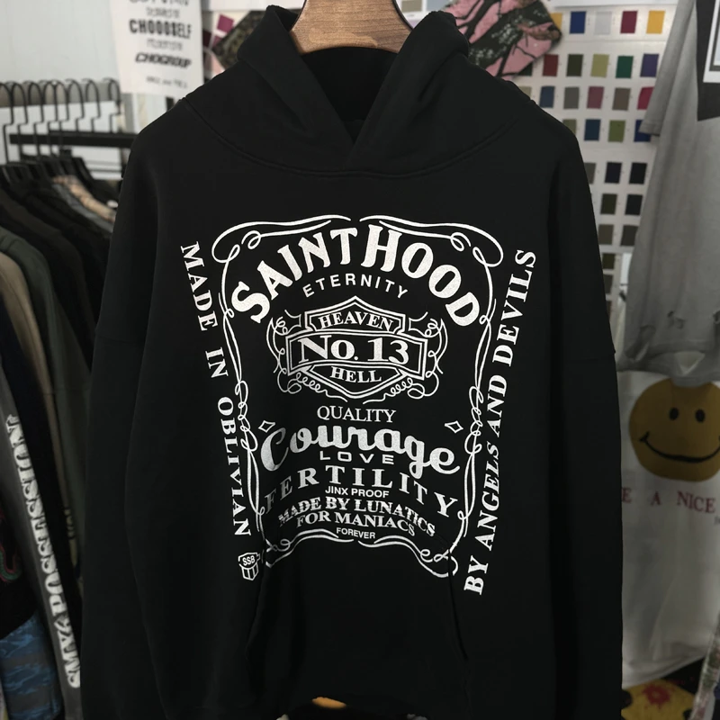 American Vintage SAINT Hoodie Ghost Print Wash Water Do Old Destruction Women Men Couple Hoody Sweatshirts