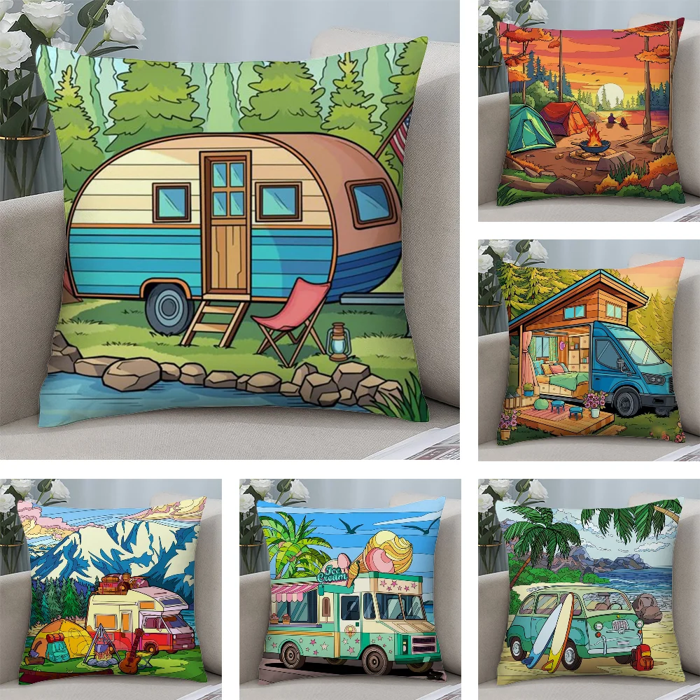 

Happy Camper Cartoon House Pillow Case Short Plush Sofa Decorative Gift Home Double-sided Printing Cushion