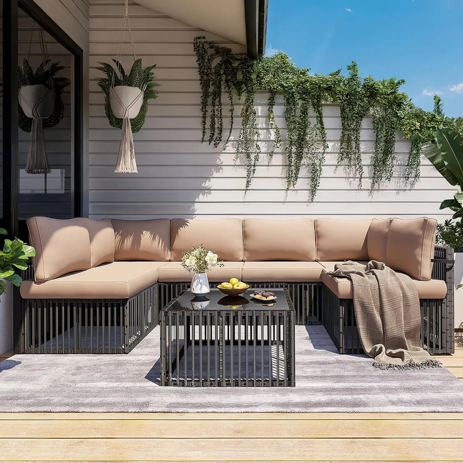 

7-Piece Outdoor Sectional Set, Large Wicker Patio Furniture Set with Coffee Table and Washable Cushions Covers, All-Weather Pati