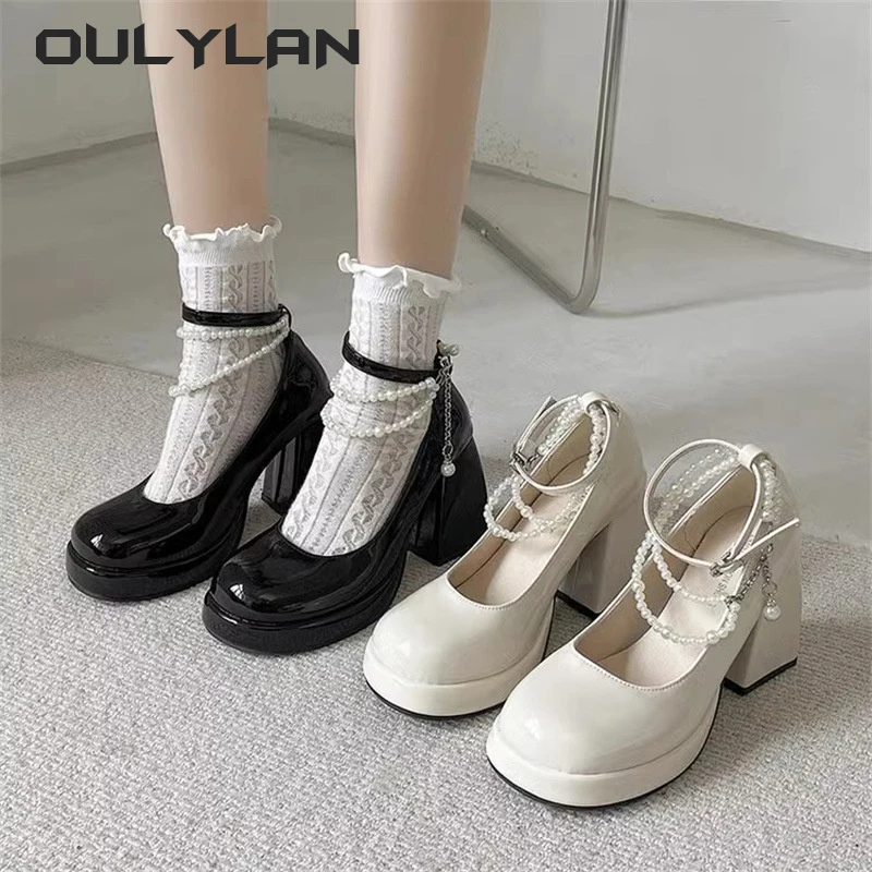 Oulylan 2024 New Ladies High Heels Elegant Toe Black High Heels Fashion Thick Heel Wedding Party Pearl Lace Wedding Shoe