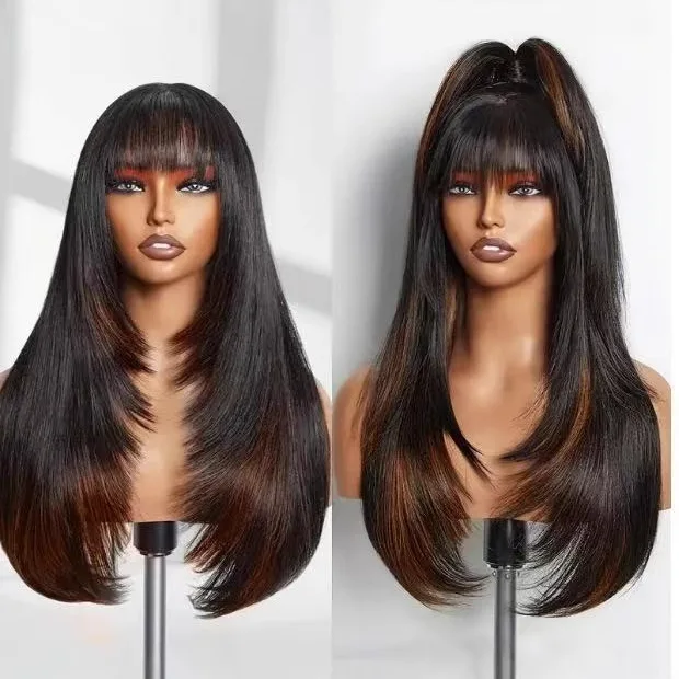 

Синтетический парик-чёлка средней длины, текстурированные прямые волосы, для интеллектуальных женщин, механический золотистый акриловый парик с многослойной прической