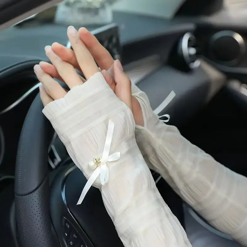 Elegant Women Bow Pearl Thin Long Gloves Summer Driving Cycling Sexy Sunscreen Anti-UV Elastic Mittens Sun Block Arm Warmers New