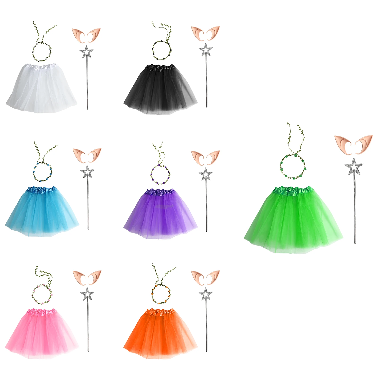 4 szt. Dziewczęcy strój na Halloween, przebranie na przedstawienie, kostium wróżki, spódniczka z siateczki, różdżka wróżki, girlanda i uszy elfa, zestaw wróżki