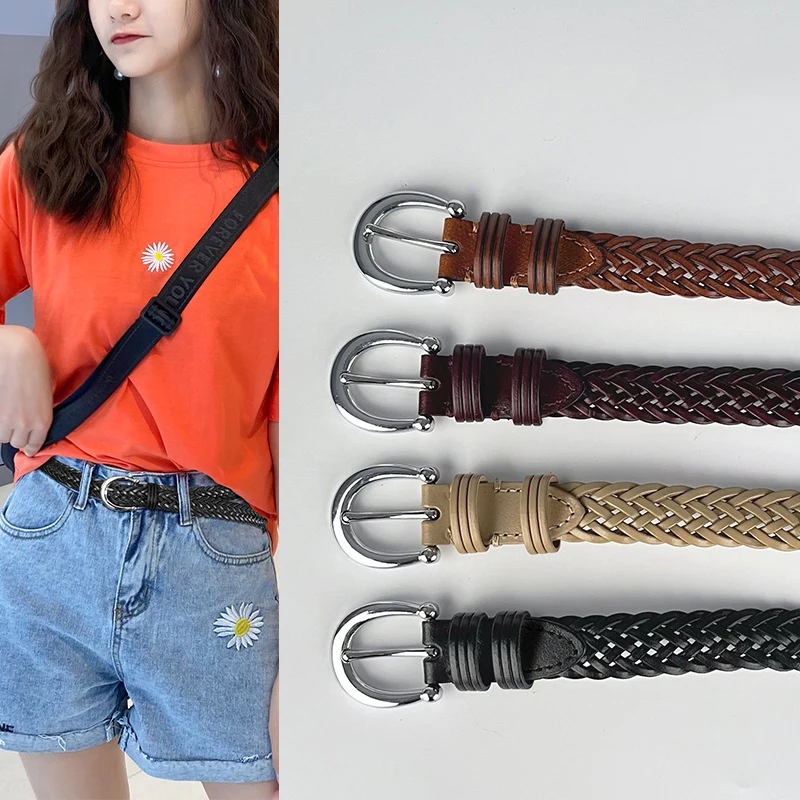 

Women Cowhide Woven Belt Genuine Leather Simple and Versatile Silver Buckle Belt Matching Jeans Dress Coat Decoration Waistband