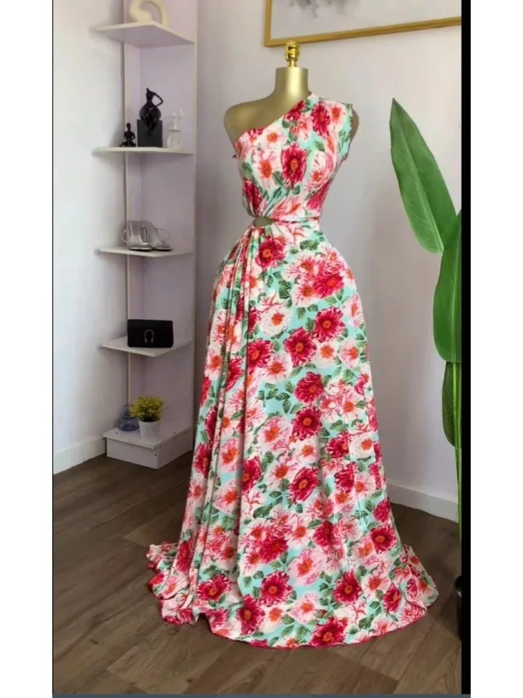Elegante dames bloemenprint één schouder schuine hals uitsparing taille geplooide maxi lange jurk 2025, zomer verjaardag vakantie jurken