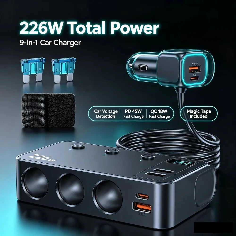 9 in 1 Car Cigarette Lighter Splitter 226W PD45W QC18W Fast Car Charger, LED Voltage Monitor, Independent Switches, Extension Co