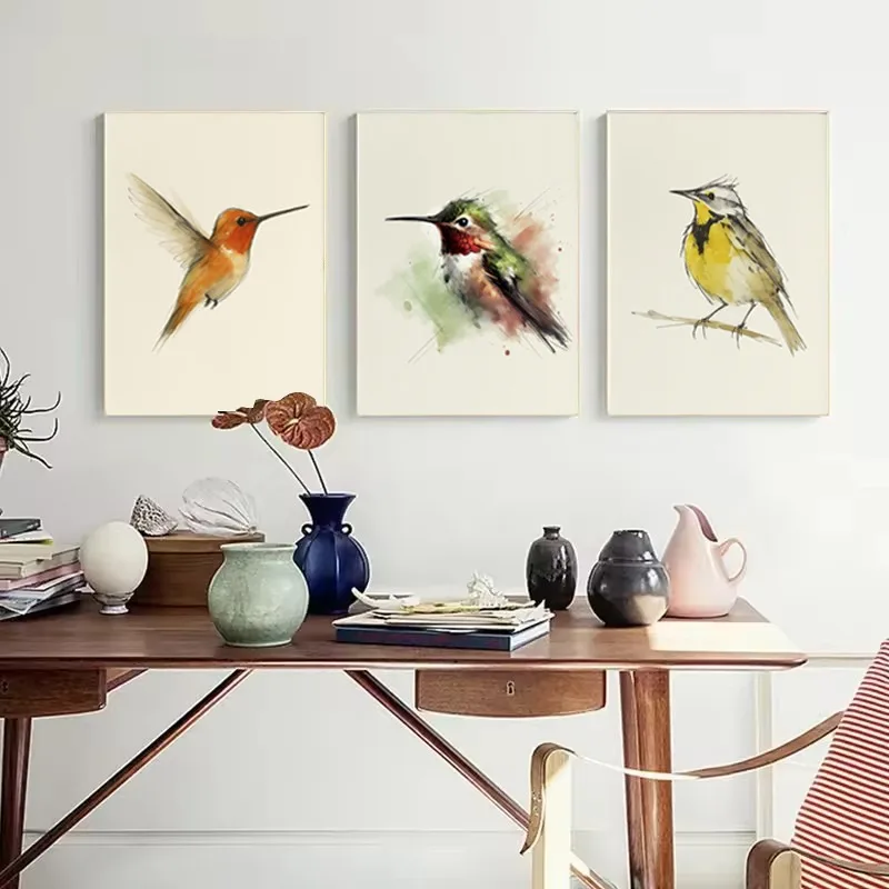 Watercolor Classic Songbird Rufous Ruby-throated Hummingbird Chickadee Poster Canvas Painting Wall Art Pictures Home Decor