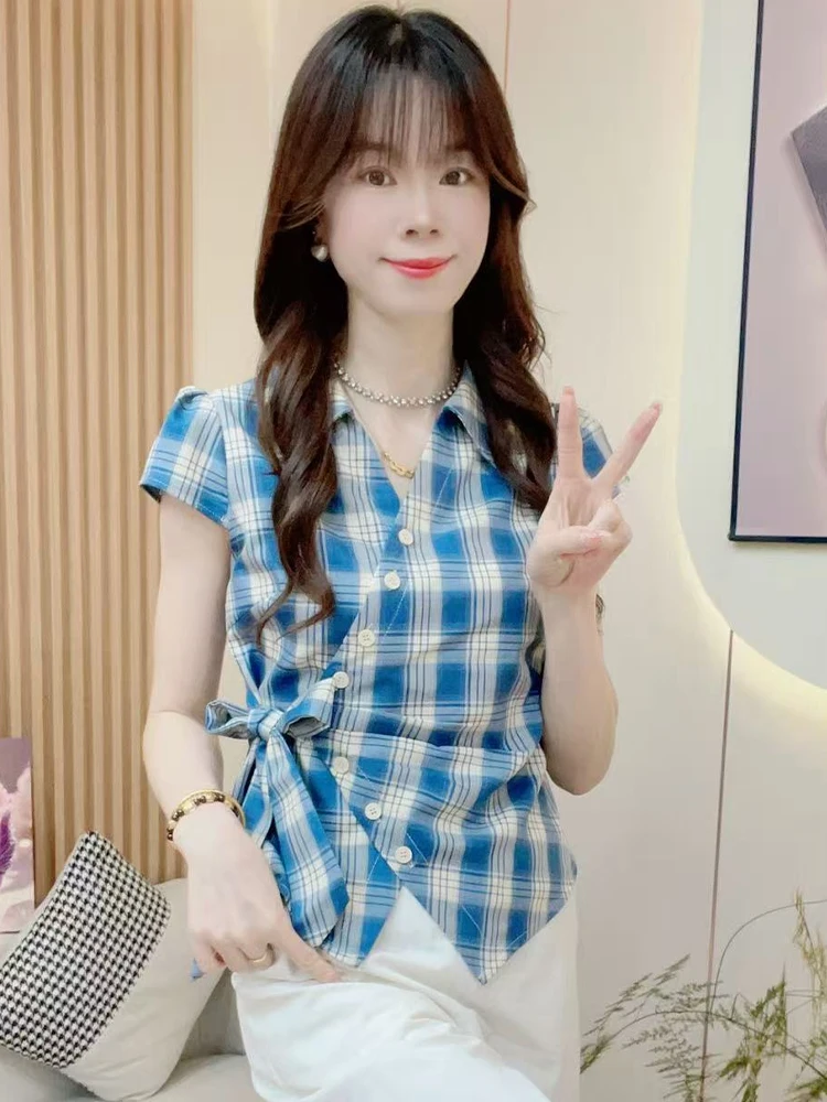 

Korean Sle Women's ort Sve irt Summer New Design Faionable Versatile Plaid Collar Stand up Top Buttoned Cardigan