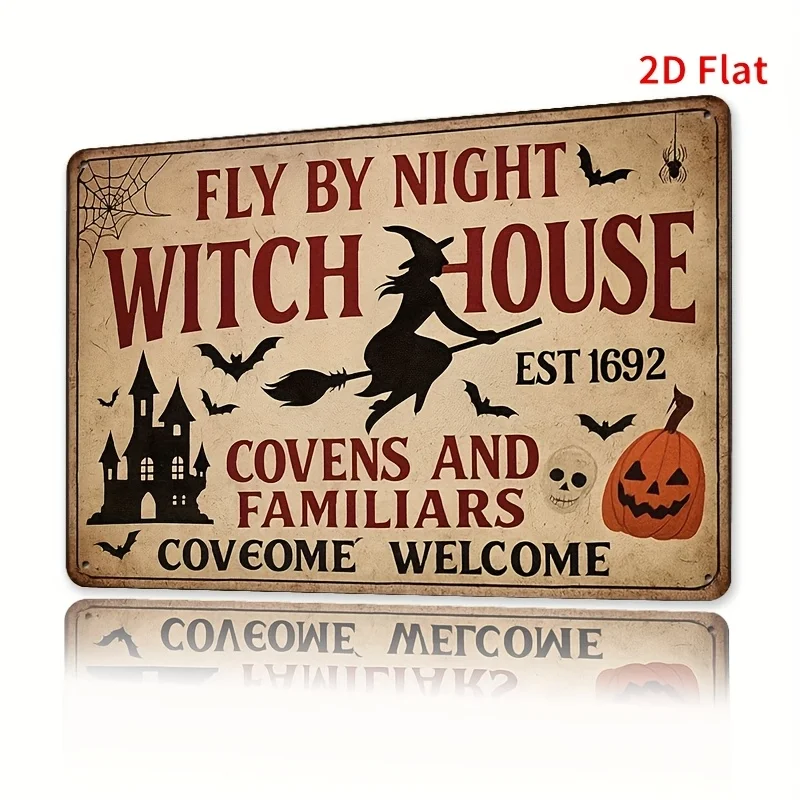 Metallblechschild – Coven, gegründet in 1692, Wanddekoration mit Fledermäusen, schwarzer Katze und Kürbis – rustikale Halloween-Dekoration