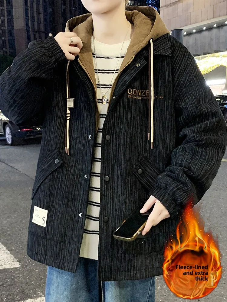 

Hooded Fce Lined Jaet Men's Thi Warm Faionable Fake Two-Piece Winter Coat Youth ular Long Sve Zipper Closure J...