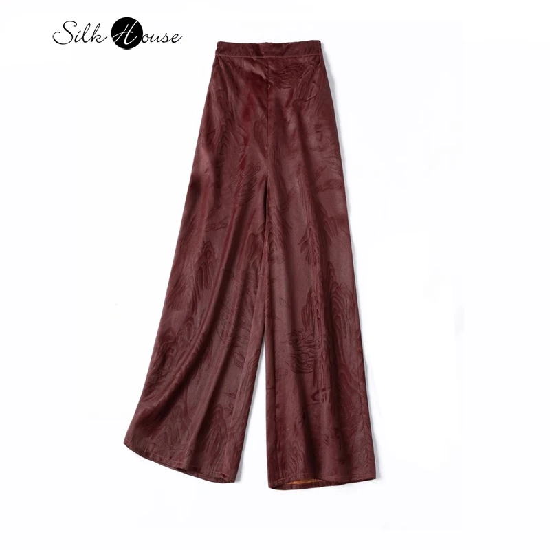 

Artistic 40MM Luxury 100% Natural Mulberry Silk Red Cloud Gambiered Guangdong Gauze Elastic Waist Women's Loose Wide Leg Pants