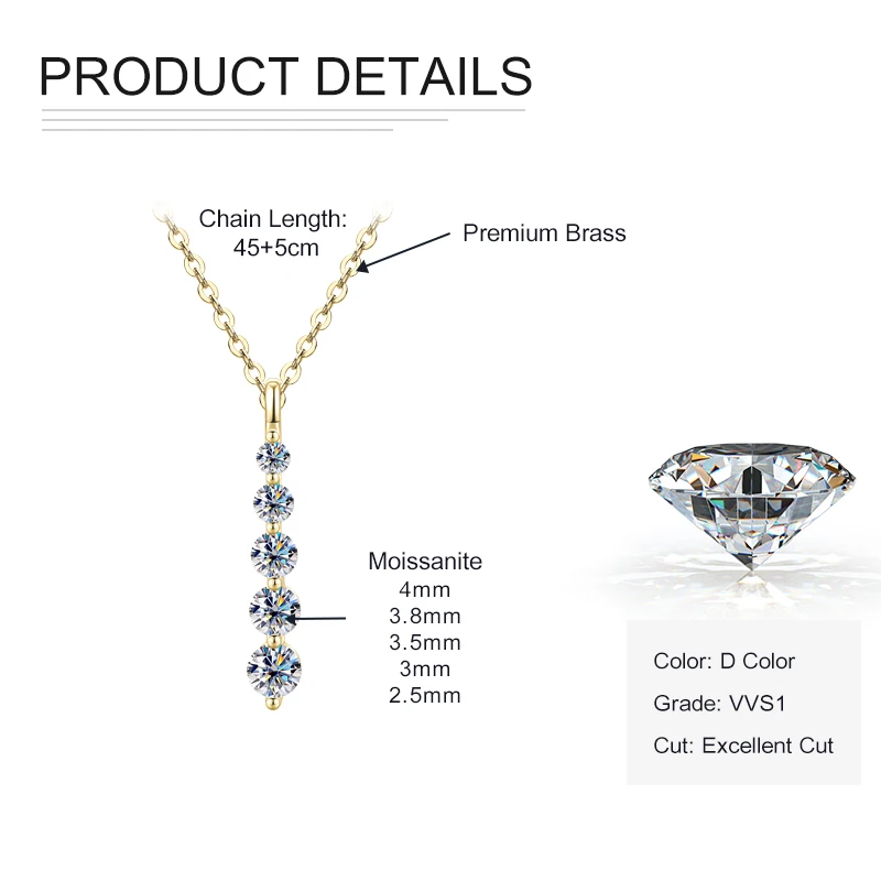 Rrjzz D-Farbiger Runder Moissanit-Anhänger Halskette für Damen 14K Vergoldet 5-Stein Labor-Imitationsdiamant-Halskette GRA-Zertifiziert – Detail 1