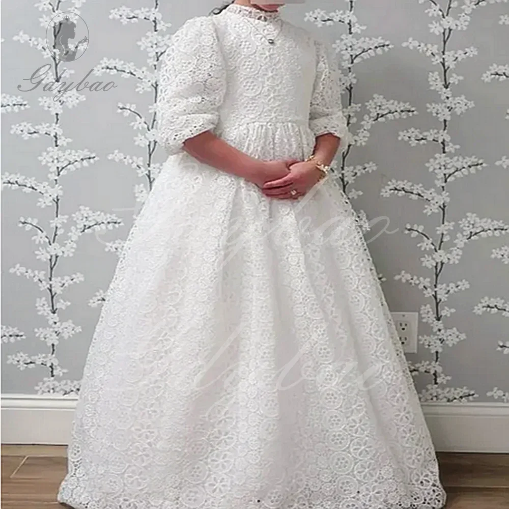 Communicate Dress Puffy Balloon Sleeve Flower Girl Dresses For Wedding Little Daisy Lace Pricness Party Dresses Hiigh Neck Girl