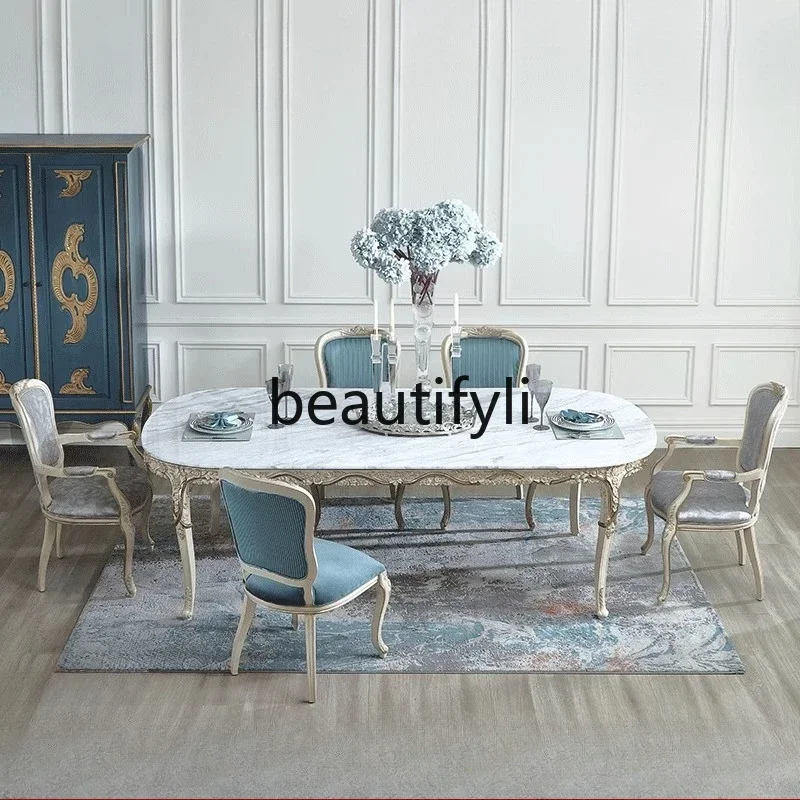 

French court style marble dining table and chair combination solid wood European dining table luxury old
