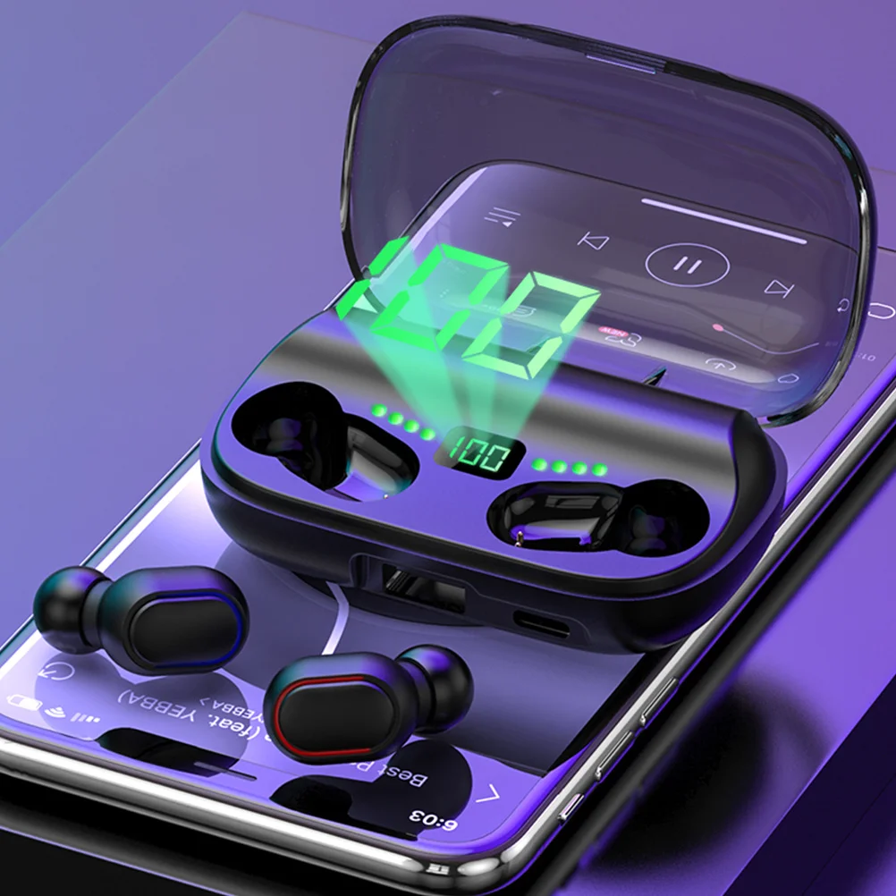 سماعات أذن لاسلكية بتصميم صغير غير مرئي وخاصية إلغاء الضوضاء وحقيبة شحن مدمجة باللون الأسود