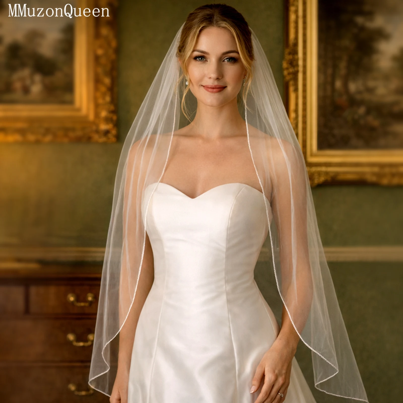 

TOPQUEEN Простая свадебная фата с краем карандаша, мягкая однослойная фата с краем карандаша, белая настраиваемая V14