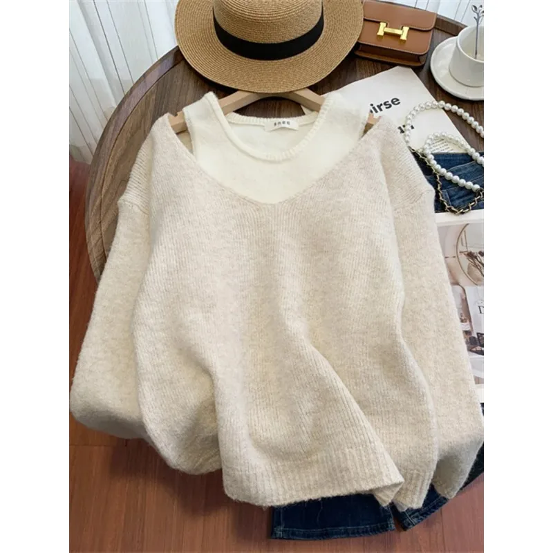 

Soft Lazy Style Autumn Winter New Women's Off Shoulder Sweater Two Piece Set Loose Outer Layered Knit Top
