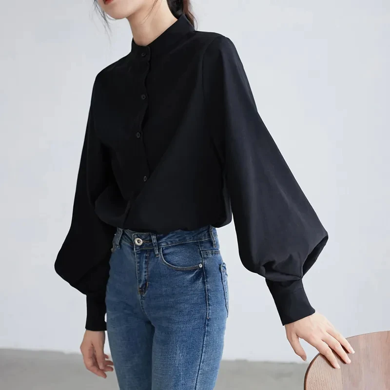 Big Lantern Sleeve Blouse Women Spring Autumn  Single Breasted Stand Collar Shirts Office Work Blouse Solid Vintage Blouse Shirt