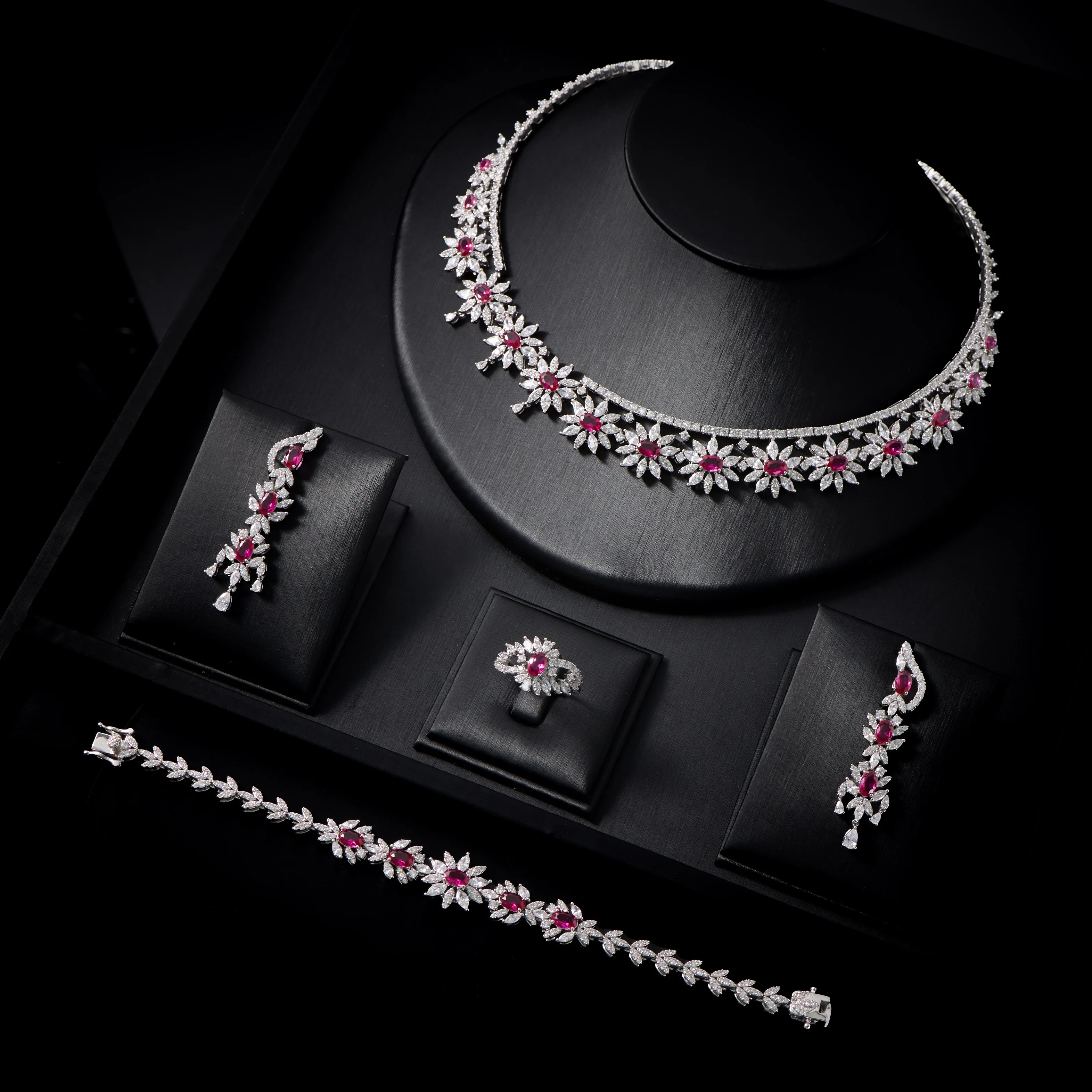 IN JEWELIFE Full 4Pcs Jewelry Set for Women Brilliant Cubic Zirconia Floral Necklace Dangle Earrings Ring Bracelet Wedding Party