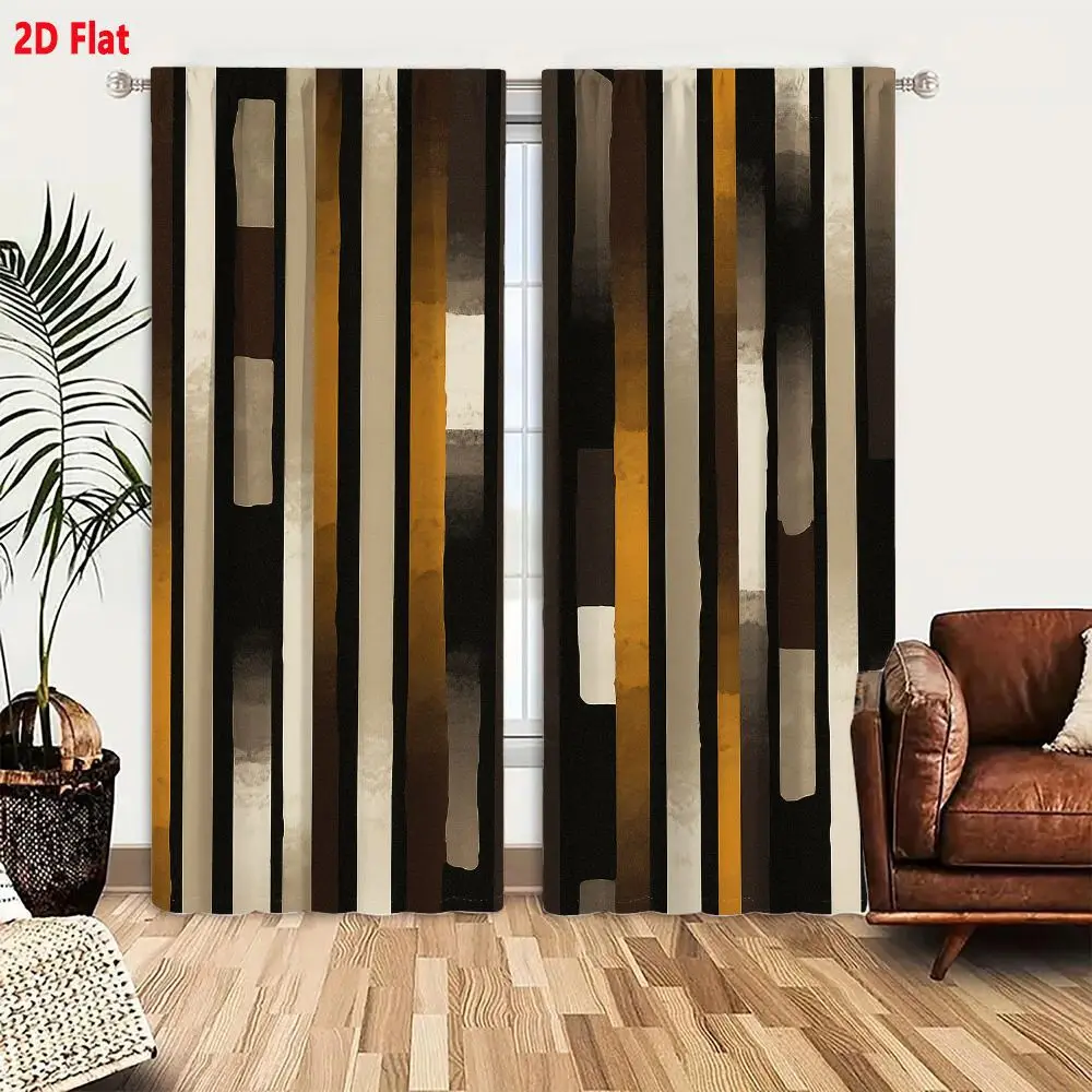 2Pcs Curtains 2D Flat Abstract Vertical Stripes Dark Brown Black Mustard Yellow Beige Off-white Textured Brushstroke Distressed