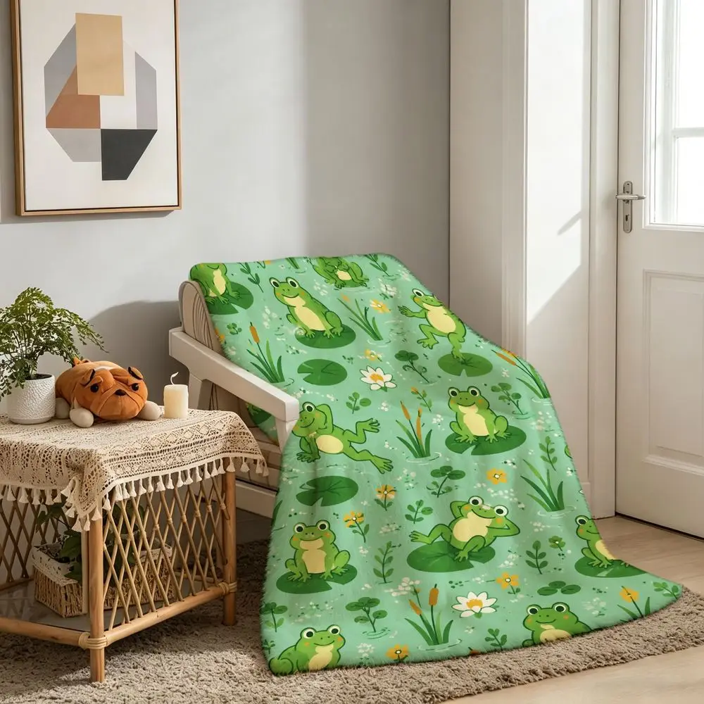 Cozy Fleece Throw Blanket Mint Green with Cute Cartoon Frogs on Lily Pads Pattern, Warm Lightweight Cozy Blanket for Sofa Bed Couch Travel Camping Indoor Outdoor Use