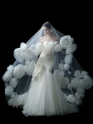 Graceful Wedding Veils Cathedral Veil Lace Appliqued One-Layer Wedding Veils With Comb 3D-Flowers Bridal Veil Customized