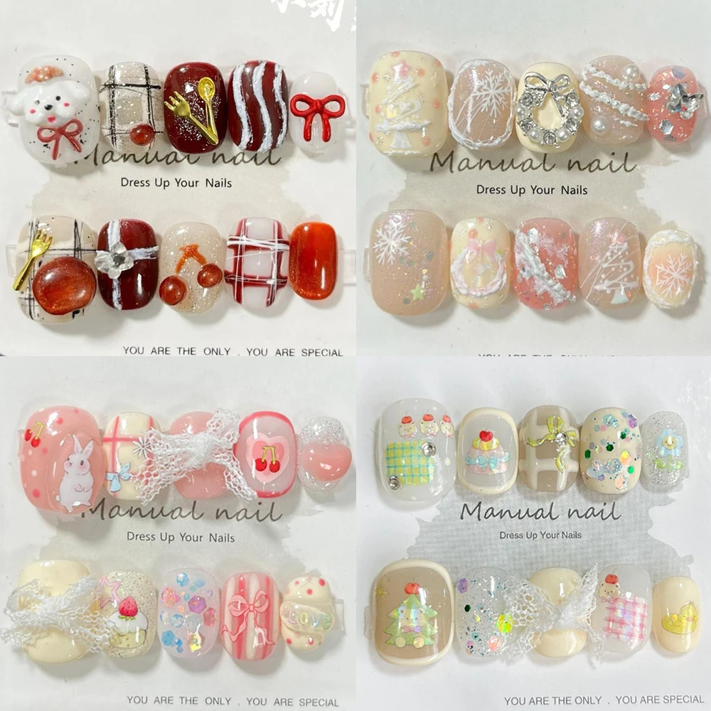 10Pcs Cute Cartoon Animal Short Round Handmade Fake Nail Kawaii Rabbit Bear Cat Bowknot Portable Reusable Full Cover Fake Nail