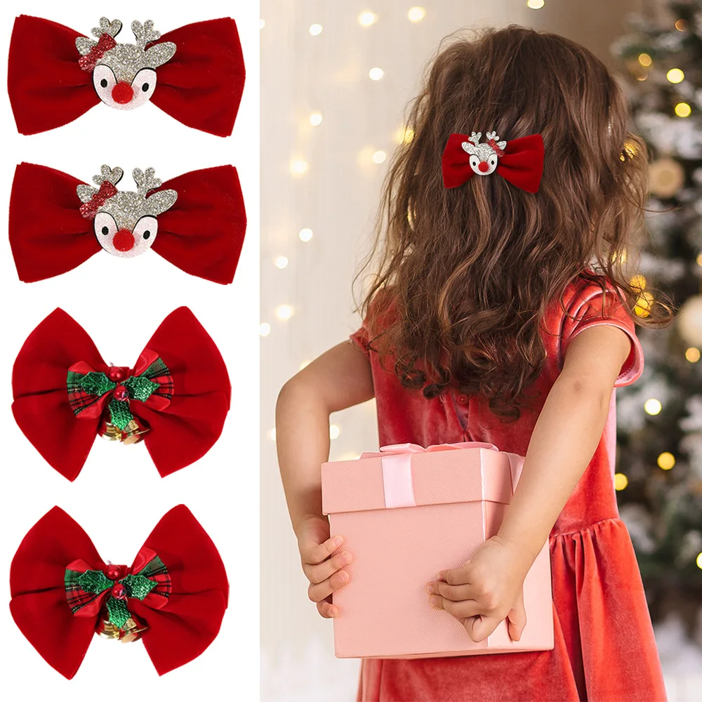 ncmama 2PCS Christmas Velvet Hair Bow Clips Cute Glitter Christmas Elk Hairpins Bell Barrette Hairgrips Kids Hair Accessories