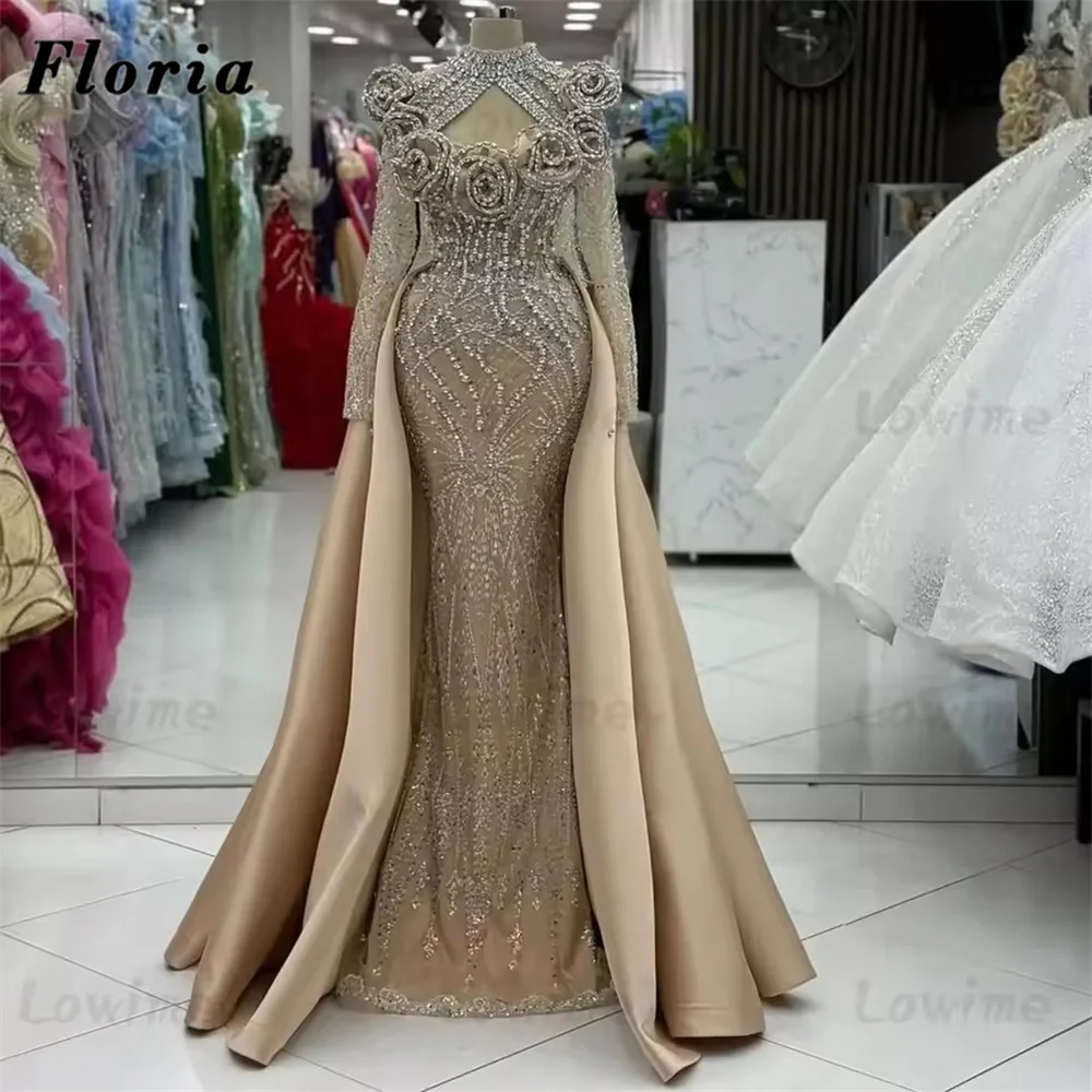 

Elegant Champagne Beading Evening Dresses With Overskirt 3D Flowers Prom Dress Middle East Long Sleeves Party Gowns Customized