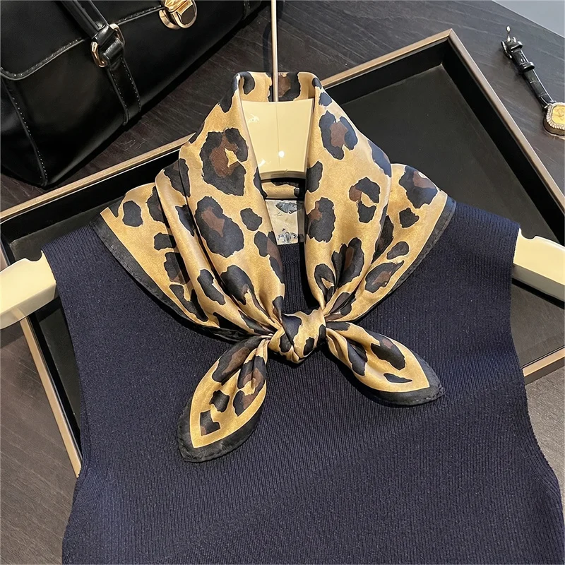 100% Silk Square Scarf Leopard Print Bandana Neckerchief Stylish Bag Accessory Head Wrap Gift for Girlfriend Women Daily Use