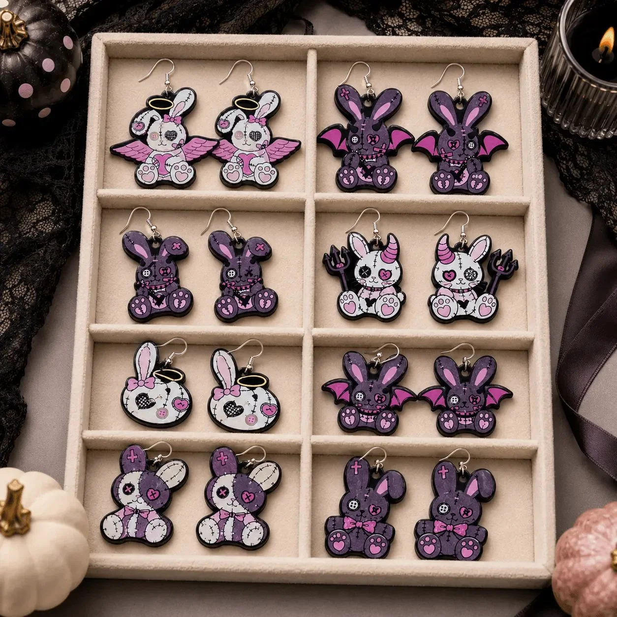 8 Pairs/Set Gothic Acrylic Rabbit Earrings for Women Dark Stitched Bunny Drop Dangle Earrings Halloween Punk Jewelry